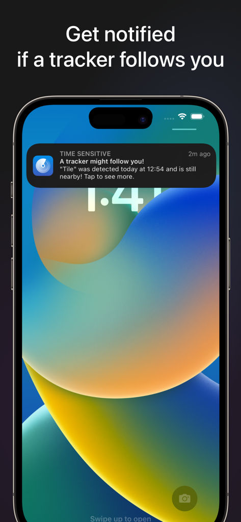 AirGuard - Tracking Protection - An iPhone lock screen showing an AirGuard app notification alerting the user that a tracker might be following them.