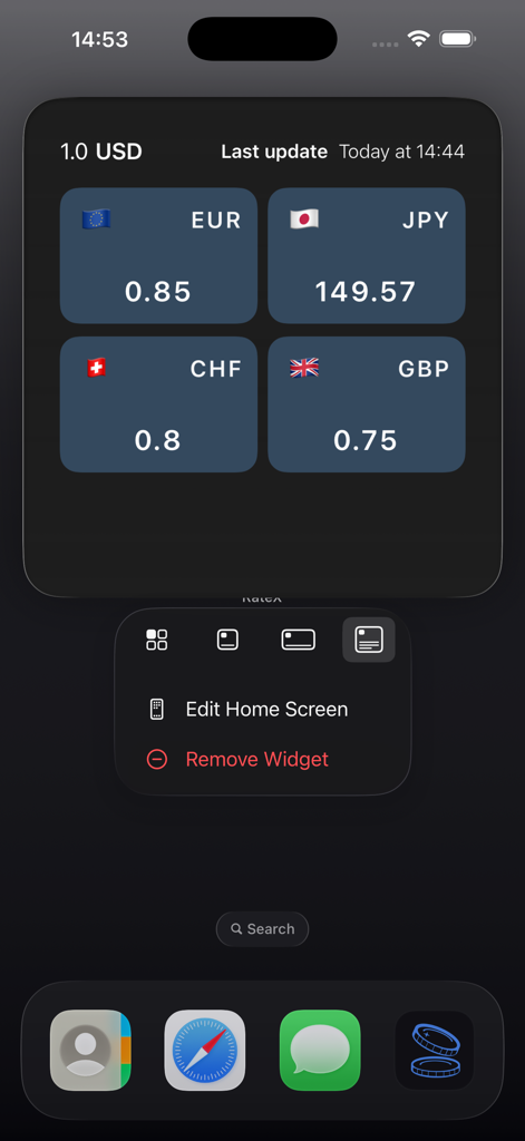 RateX AI: Currency Converter - iPhoneホーム画面上のRateX通貨コンバーターウィジェットに、米ドルからユーロ、日本円、スイスフラン、英ポンドのリアルタイム為替レートが表示されています。