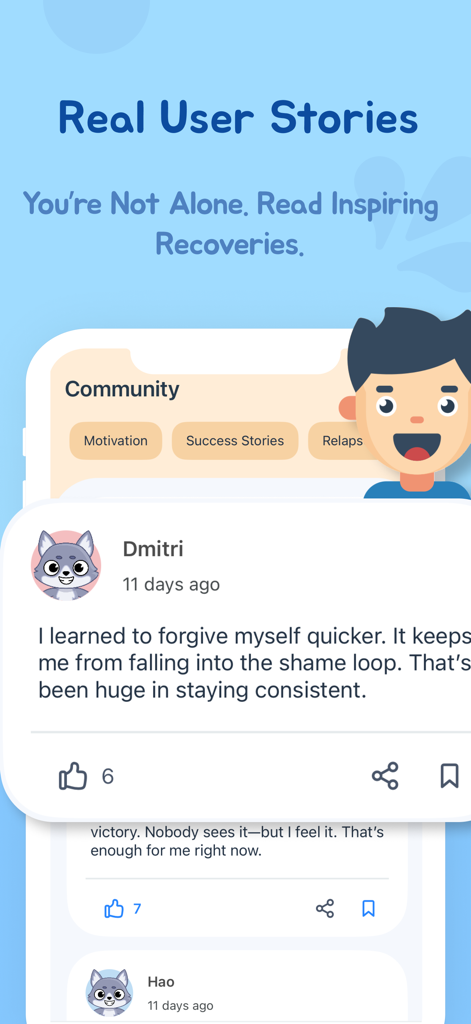 RewireBuddy: Quit Porn Now - A screenshot of the RewireBuddy app showing the community section with real user success stories and recovery testimonials.