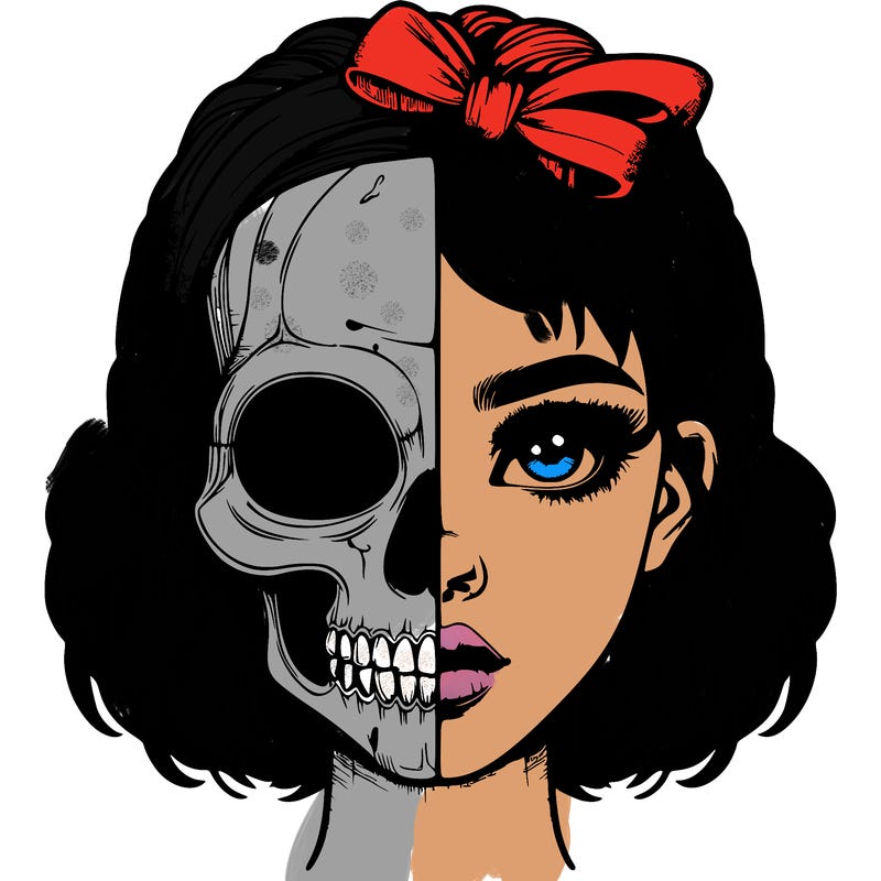 realistic girl with half skull mask