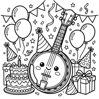 Get ready to celebrate with this incredibly cute Kawaii Banjo coloring page, set amidst a lively birthday party scene. Featuring an adorable banjo, festive balloons, and a yummy cake, it's perfect for adding a touch of musical cheer to any celebration.