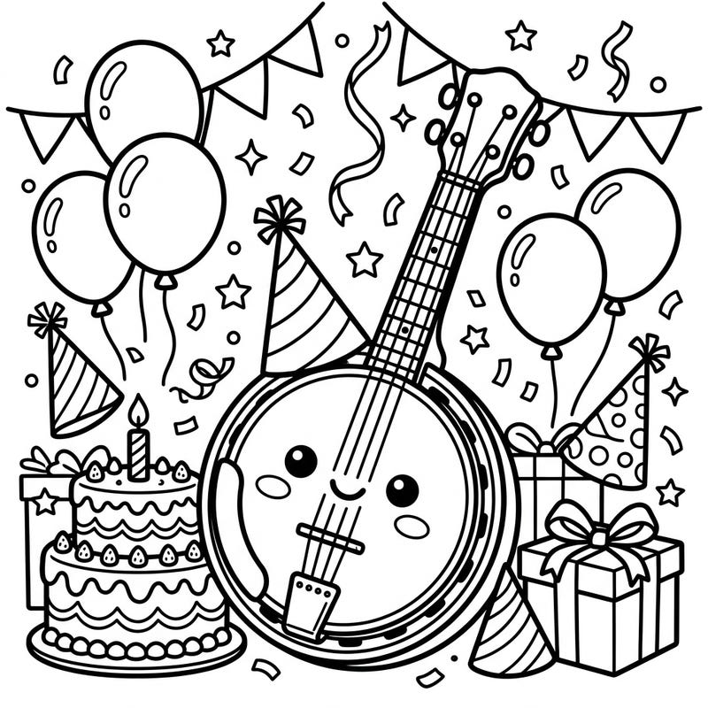 Get ready to celebrate with this incredibly cute Kawaii Banjo coloring page, set amidst a lively birthday party scene. Featuring an adorable banjo, festive balloons, and a yummy cake, it's perfect for adding a touch of musical cheer to any celebration.