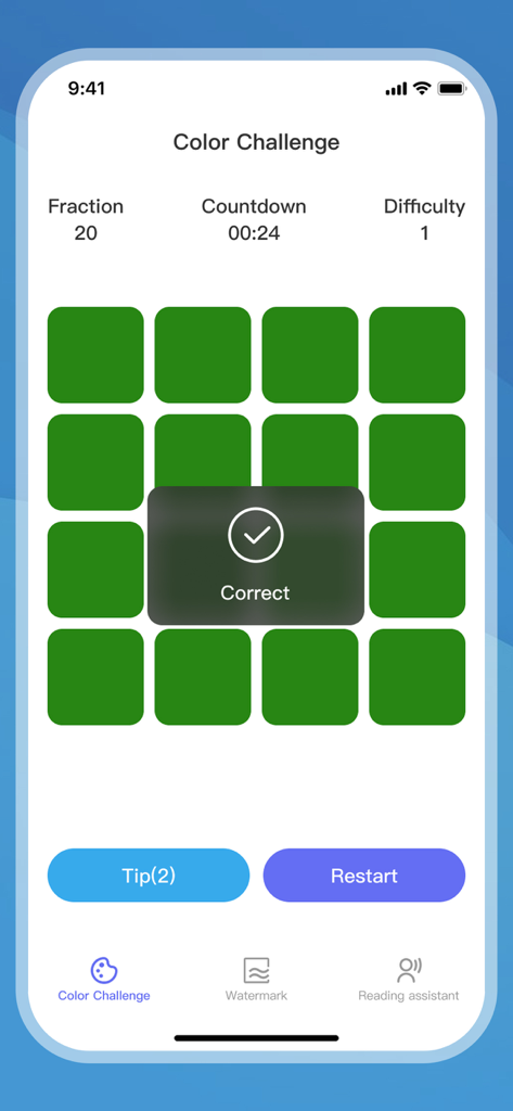 MomentKeeper - Oberfläche der MomentKeeper-App, die das Color Challenge-Spiel mit einem Raster aus grünen Kacheln und einer Benachrichtigung über die richtige Überprüfung zeigt