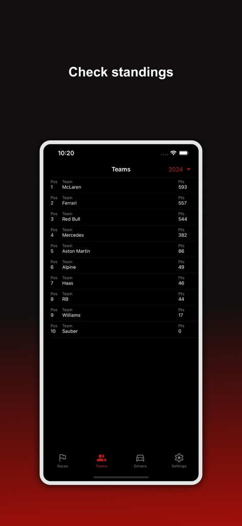 Formula Calendar 2026 - Formula 1 teams standings and championship points display on a mobile app screen