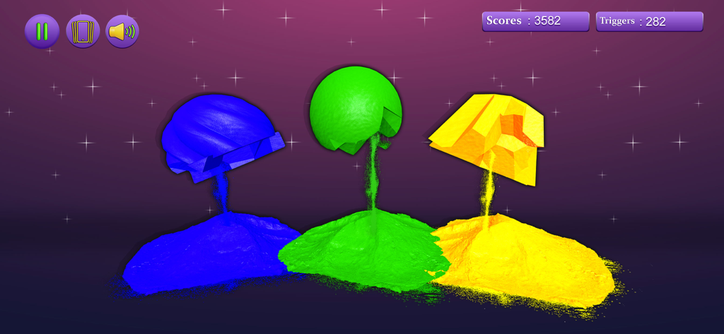 ASMR Artist! - A screenshot of ASMR Artist app showing blue, green, and yellow sand shapes being crushed into piles against a starry background.