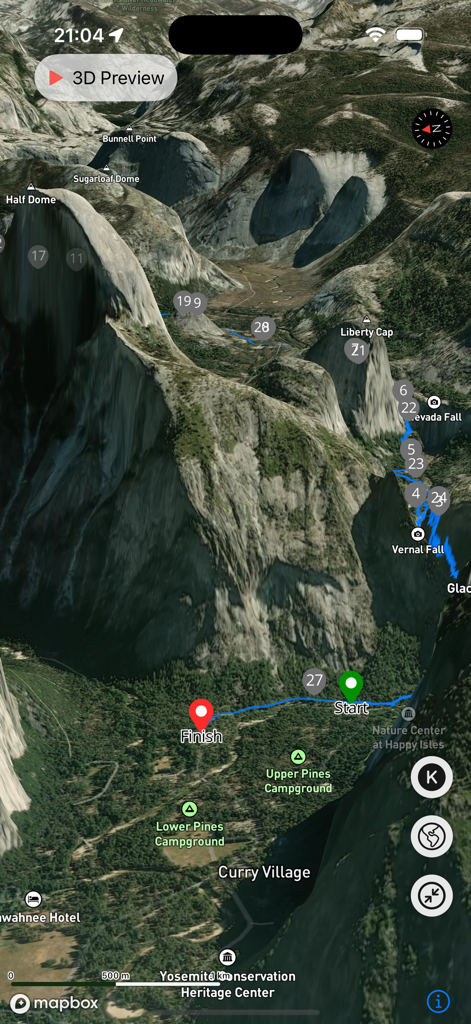 Hikely - Hike, Bike, Run - Vista de mapa aéreo en 3D de una ruta de senderismo de montaña con marcadores de navegación.