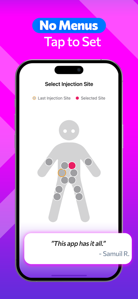 GLP 1 Tracker • Pokii - Pokii app interface showing a visual body diagram to select and track medication injection sites.