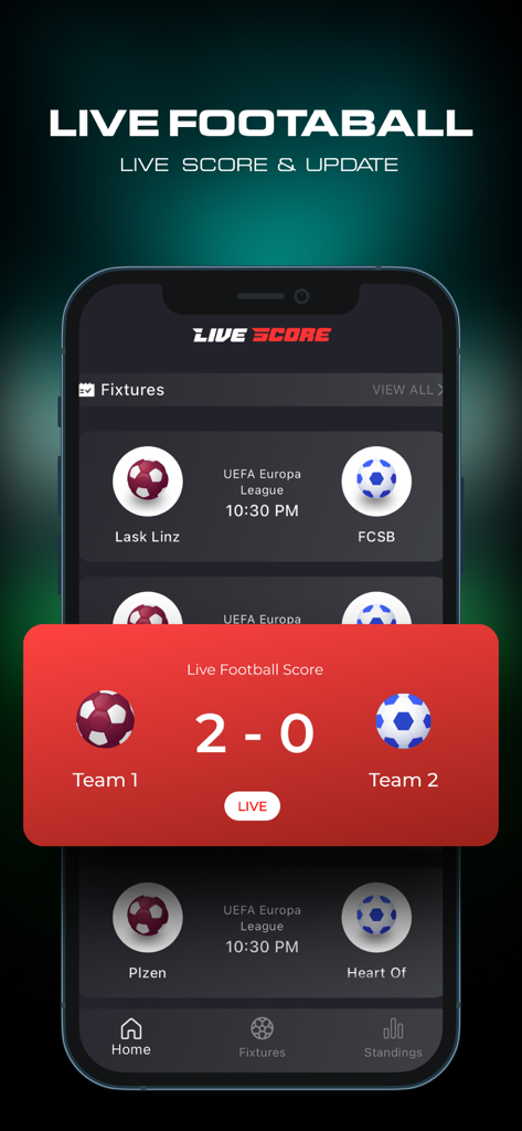 Live Football TV: Streaming HD - Mobile app interface showing live football scores and upcoming UEFA Europa League fixtures