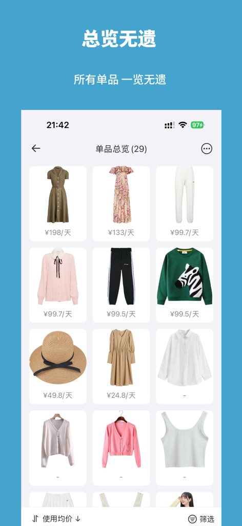 无忧衣橱 - 电子衣橱穿搭管家 - A digital wardrobe inventory screen showing a grid of clothing items with their calculated cost-per-wear values.