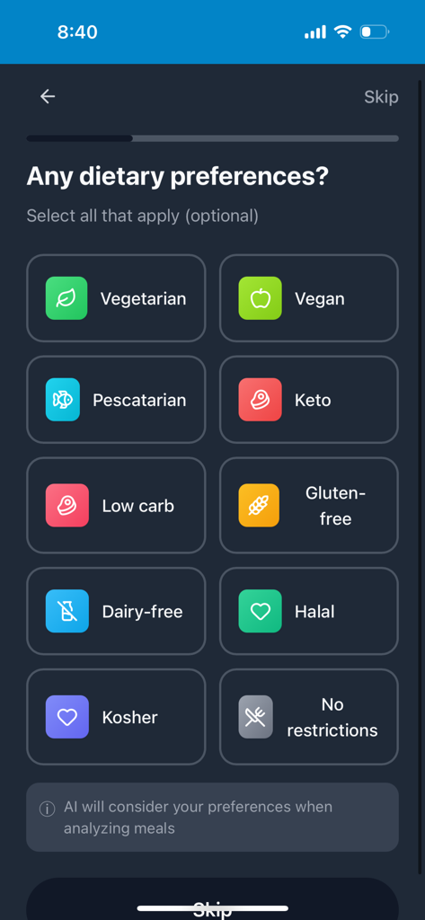 YumBridge – AI Food Tracker - YumBridge app onboarding screen showing dietary preference options such as Vegan and Keto