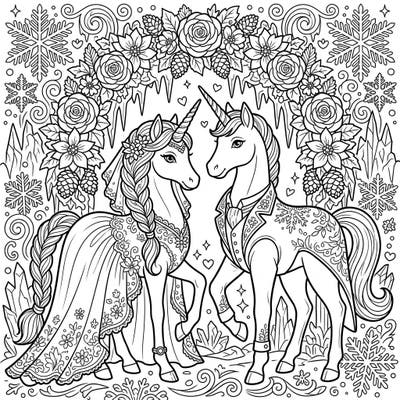Dive into a magical winter wonderland with this captivating coloring page featuring a beautiful Ice Unicorn wedding. Celebrate eternal love and frosty elegance as you bring this enchanting scene to life.