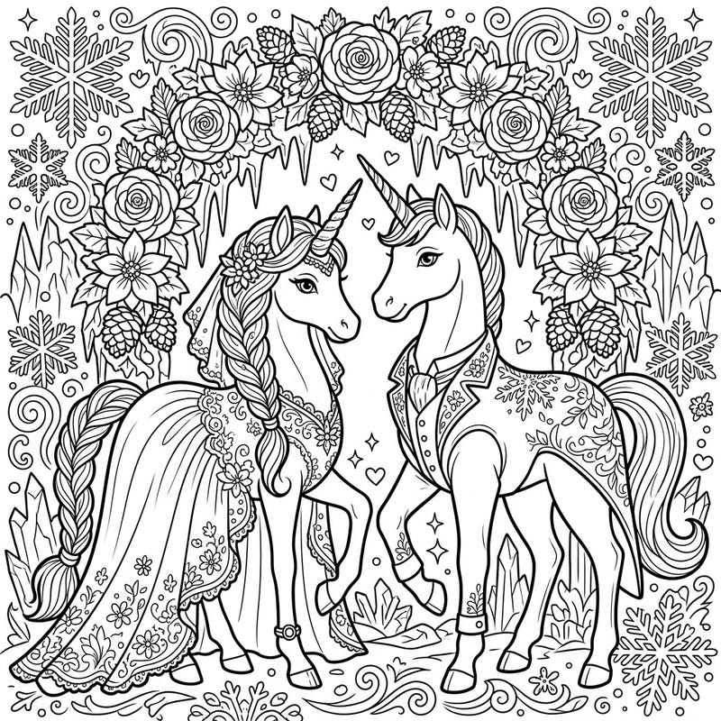 Dive into a magical winter wonderland with this captivating coloring page featuring a beautiful Ice Unicorn wedding. Celebrate eternal love and frosty elegance as you bring this enchanting scene to life.