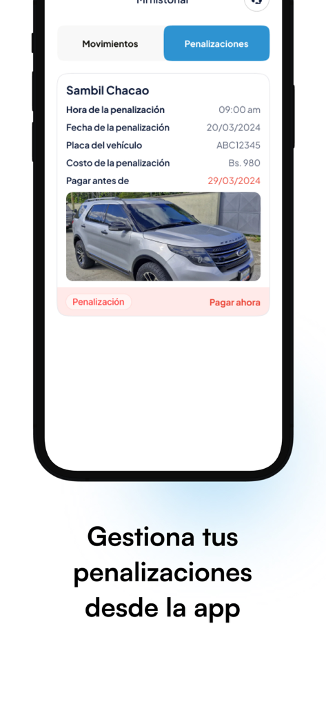 Mobile app screen displaying parking penalty details with a vehicle photo and a pay now button.
