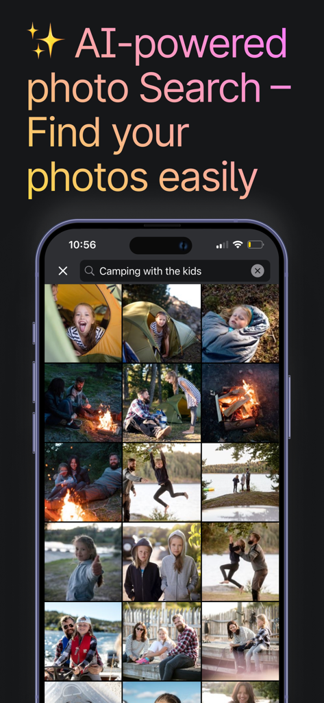 Jottacloud - Jottacloud mobile app showing AI powered photo search results for camping