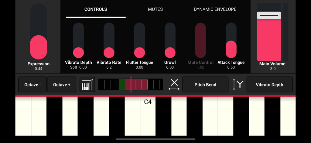 SWAM Bass Tuba - Interfaz de la aplicación SWAM Bass Tuba mostrando deslizadores de interpretación expresivos y un teclado virtual para producción musical profesional