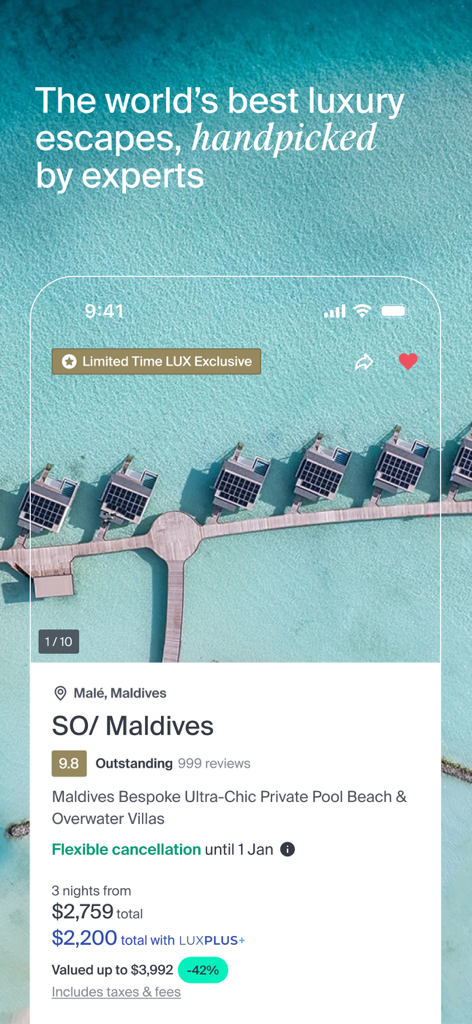Une capture d'écran de l'application Luxury Escapes présentant une offre de voyage pour des villas sur pilotis de luxe aux Maldives.