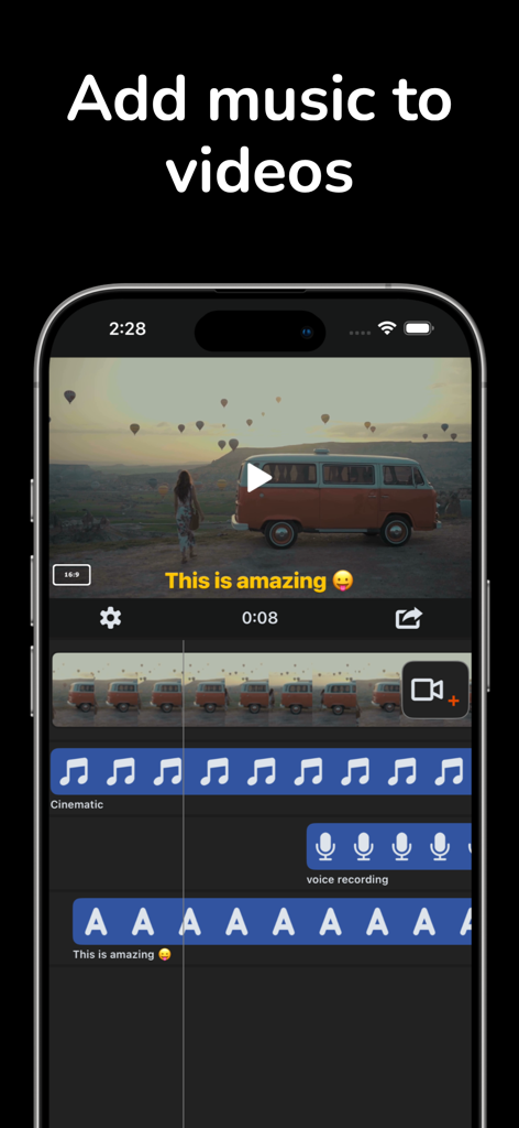 Video Music - Interfaz móvil de la aplicación Video Music mostrando un editor de video con capas de música, voz en off y texto