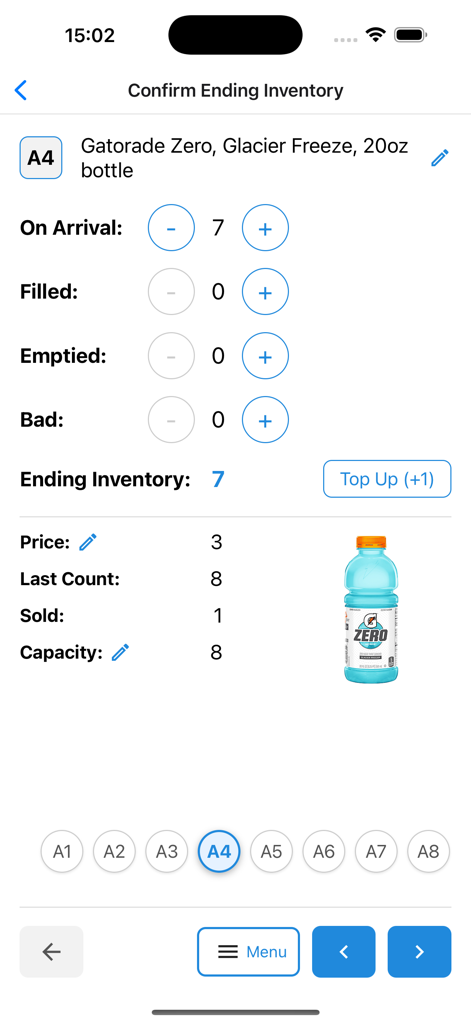 VendSoft: Vending Management - Interface of the VendSoft mobile app for tracking and confirming inventory levels in a vending machine