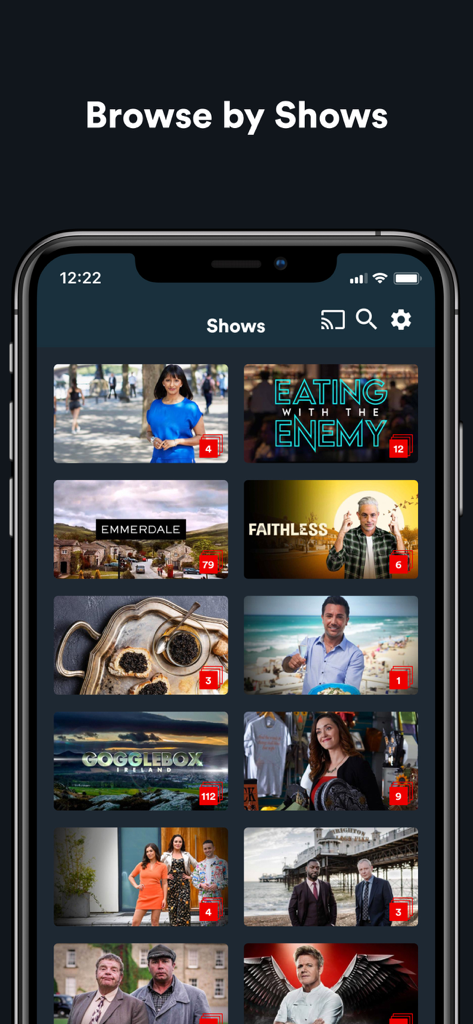 Virgin Media Play - Pantalla de navegación por programas de la aplicación móvil Virgin Media Play con contenido de televisión irlandés