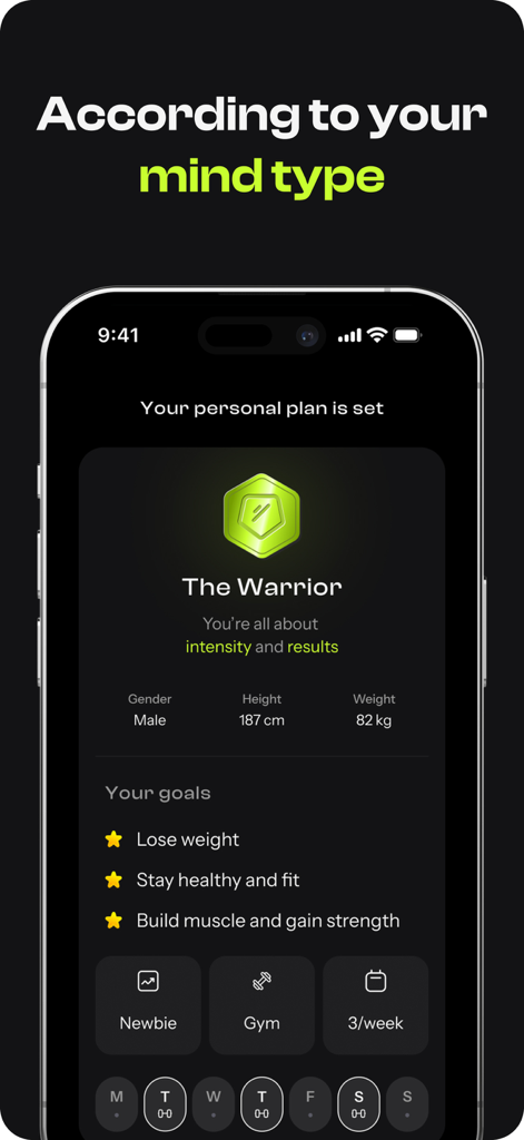 Oly: Personal Fitness Coach - Oly app screen showing a personalized fitness plan based on The Warrior mind type with specific goals and physical metrics