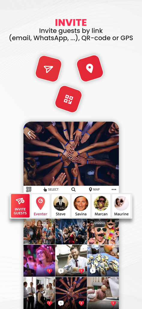 Interface showing guest invitation options via link QR code and GPS location in the Eventer app