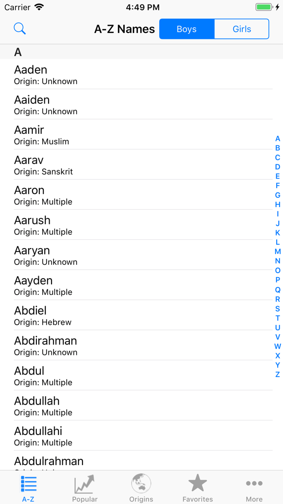 Alphabetical list of baby boy names starting with A showing their origins