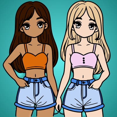 two sisters with crop tops and jean shorts and straight hair