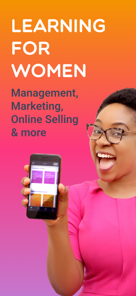eLearning Courses: HerVenture - A smiling woman holding a phone displaying business management courses on the HerVenture app