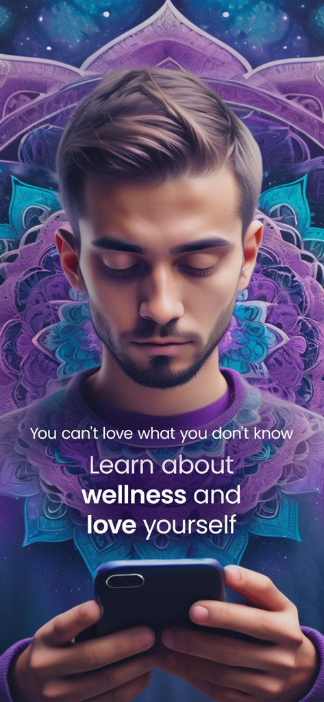 Aloharmony - Un hombre sosteniendo un smartphone con una cita de meditación sobre el bienestar y el amor propio.