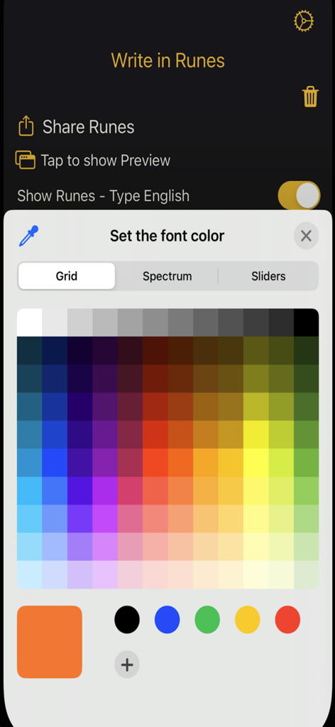 Una pantalla móvil que muestra el menú de personalización del color de la fuente con una gran cuadrícula de colores en la aplicación Traductor de Runas.
