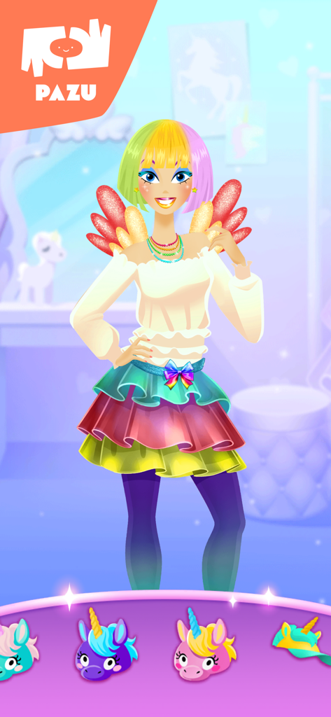 Character with rainbow hair and wings in a colorful unicorn dress up game