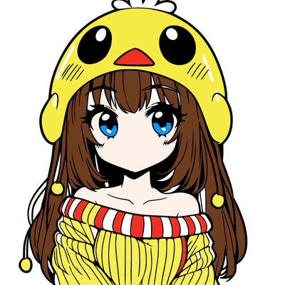 anime girl with chick shaped hat with sweater with bare shoulders with bangs covering them one eye with low tail