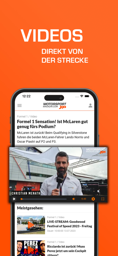 Motorsport Magazin: Formel 1 - Motorsport Magazin app interface displaying Formula 1 video reports and racing news.