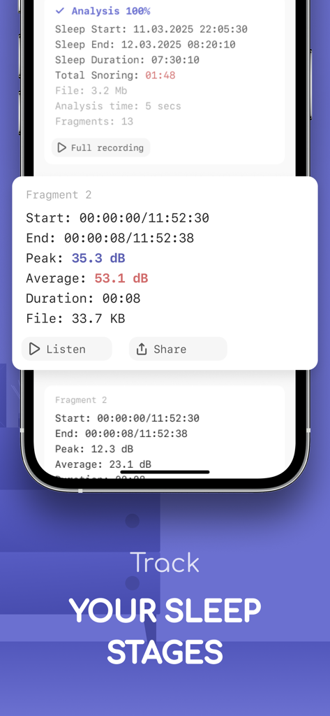 Detailed sleep analysis screen showing snoring duration and audio recording fragments