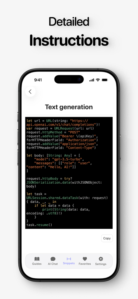Detailed instructions screen in the Rork Vibecode Guide app featuring a Swift code snippet for text generation