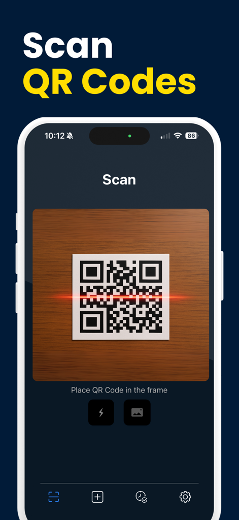 Interfaz de la aplicación Scan QR Code Now escaneando un código QR