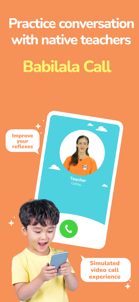 A young boy practicing English conversation with a native teacher through a simulated video call