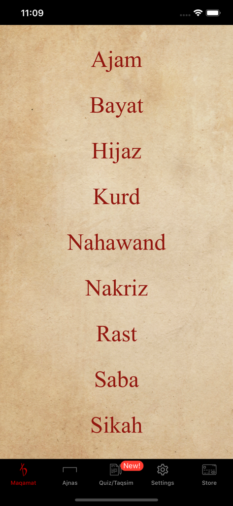 Maqamat Al-Arabiya - Main menu of Maqamat Al-Arabiya app showing a list of Arabic musical scale families on a parchment background