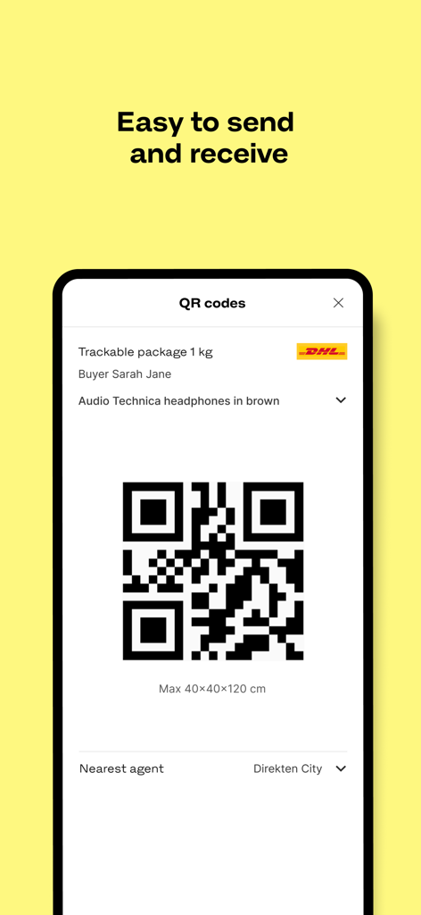 Tradera – buy & sell - 추적 가능한 패키지에 대한 배송 QR 코드를 표시하는 Tradera 앱 인터페이스