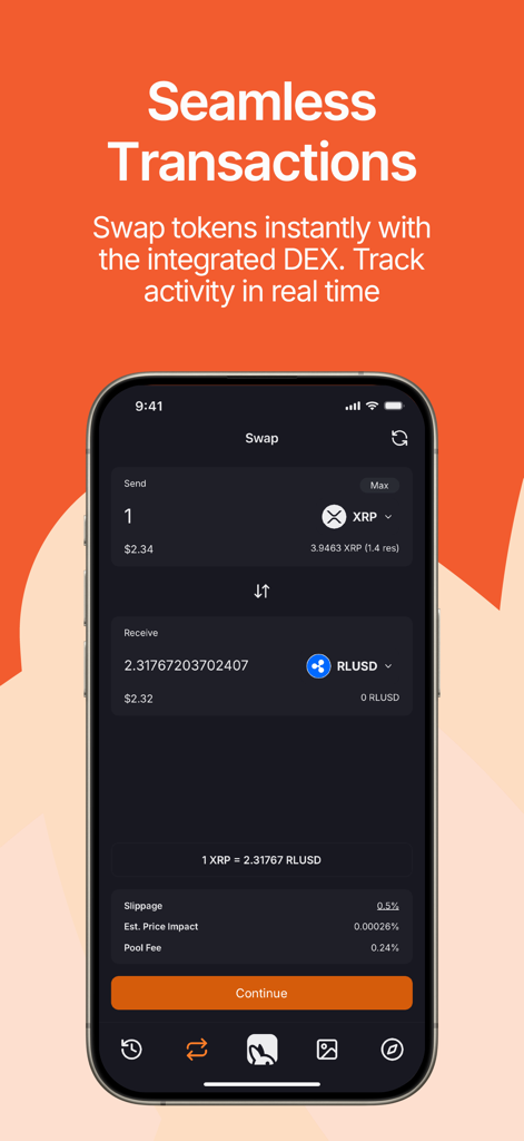 Joey Wallet - Joey Wallet mobile app interface showing a seamless token swap from XRP to RLUSD using the integrated DEX