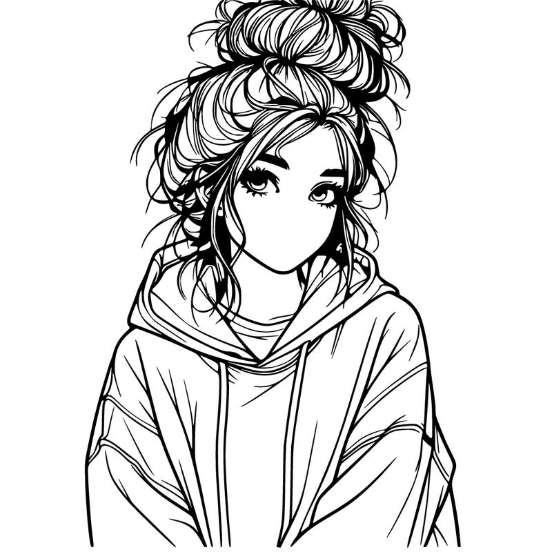 realistic girl with a messy bun and oversized hoodie
