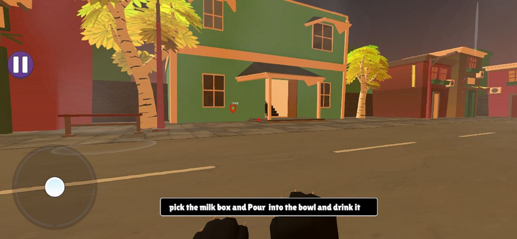 My Amazing Virtual Cat Life 3D - First-person view of a 3D cat character exploring a neighborhood street with mission instructions.