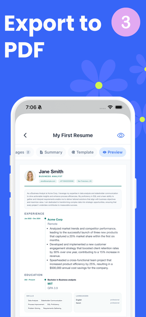 Un'anteprima dell'interfaccia mobile di un curriculum professionale da analista aziendale con una grande call to action per esportare come documento PDF