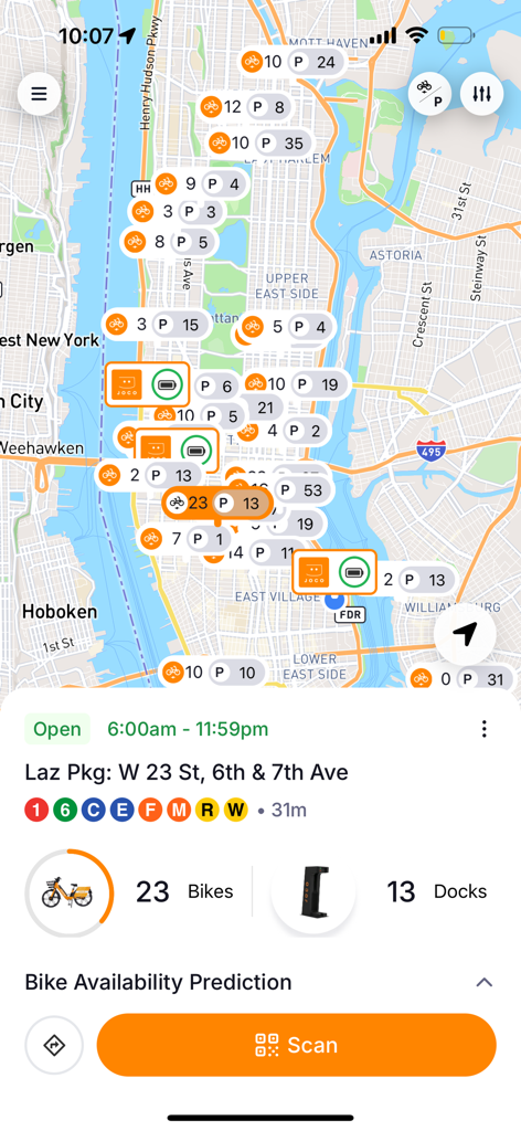JOCO app map showing available e-bikes and docking stations across New York City for delivery workers.