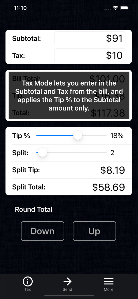 Tip Calculator % Pro - Tip Calculator Pro app screen showing Tax Mode to calculate tip on pre-tax subtotal and split the bill