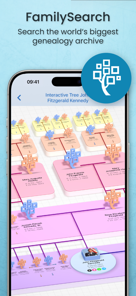 MobileFamilyTree 11 App, die eine interaktive 3D-Stammbaumvisualisierung mit Suchfunktionen für die genealogische Forschung anzeigt