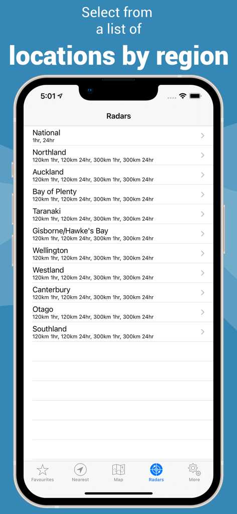 Rain Radar New Zealand - A list of New Zealand regions for selecting localized rain radar data in the app