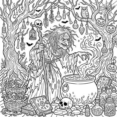 Step into a world of ancient folklore with this captivating hag coloring page, designed with clear outlines for seniors. Immerse yourself in a mystical forest scene, complete with a bubbling cauldron and intriguing magical details.