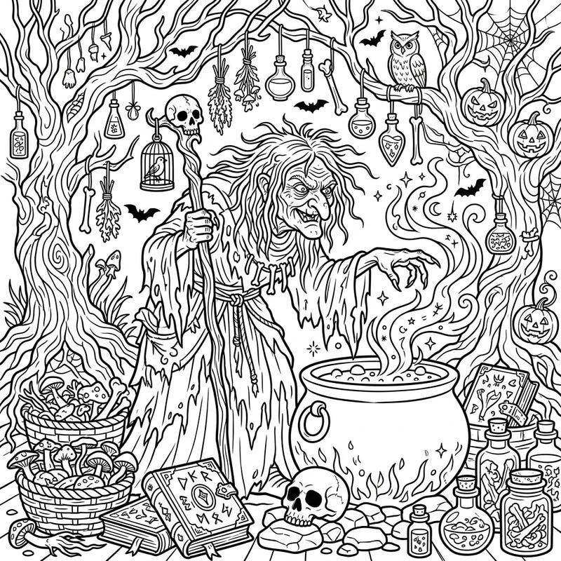 Step into a world of ancient folklore with this captivating hag coloring page, designed with clear outlines for seniors. Immerse yourself in a mystical forest scene, complete with a bubbling cauldron and intriguing magical details.