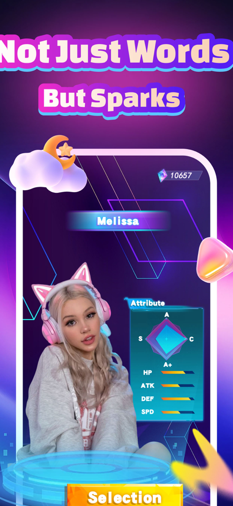 Tuki Connect:Bubble Love - Character selection screen for Melissa featuring attribute stats and a radar chart